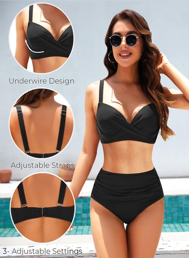 Aqua Eve حمالة صدر بيكيني نسائية من أكوا إيف، مزودة بدعامة سلكية، حمالة صدر مبطنة، تصميم أمامي ملتوي، لون أسود، مقاس L - Image 2